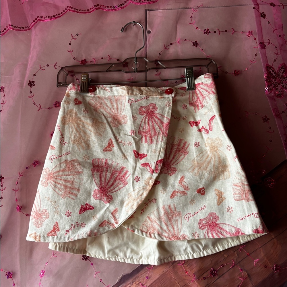 Pink and White Handmade Linen Patterned Skirt